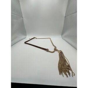 Gold Tone Curb Chain and Brown Leather Tassel‎ Necklace with Rhinestone Accents